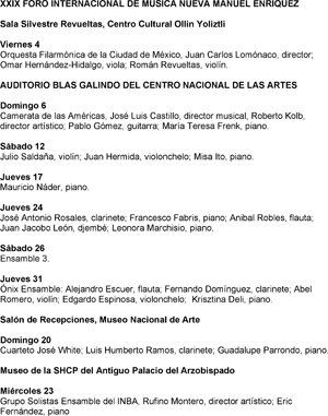 XXIX Foro Internacional de Musica Nueva Manuel Enriquez: Cartelera